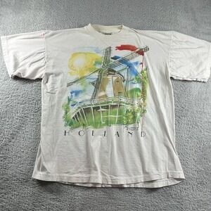 VINTAGE Art Shirt Mens XL White‎ Windmill Water Colors Holland Art Collection